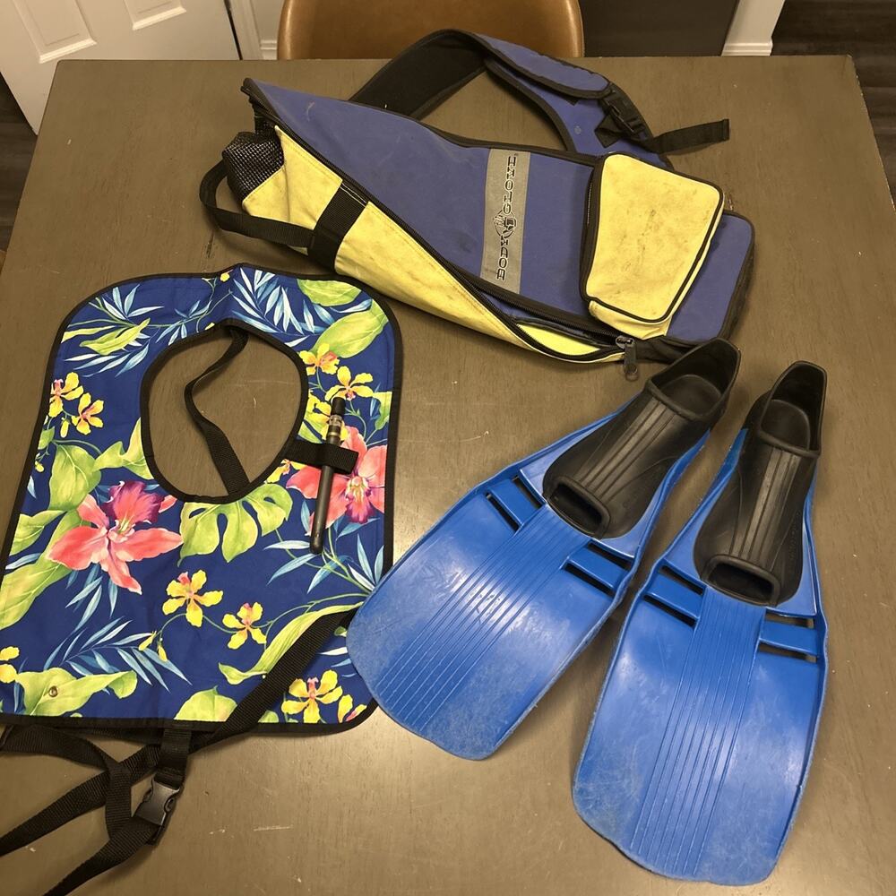 Snorkel Set Of Adult Fins, Inflatable Snorkel Vest And Bag- Travel Ready